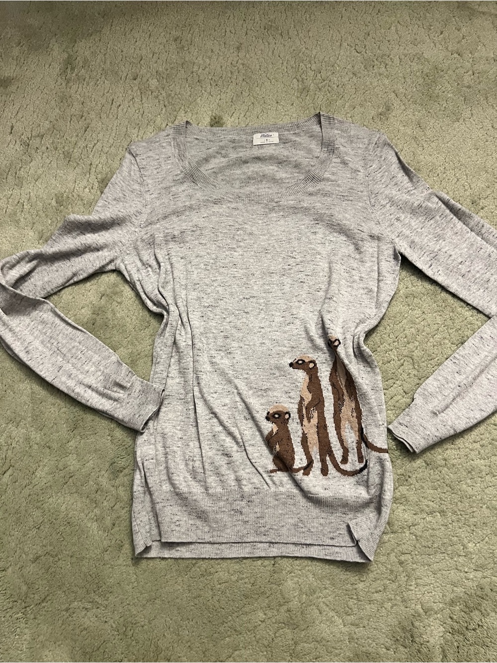 J. Crew Light Gray Crewneck Sweater with Meerkat Motif